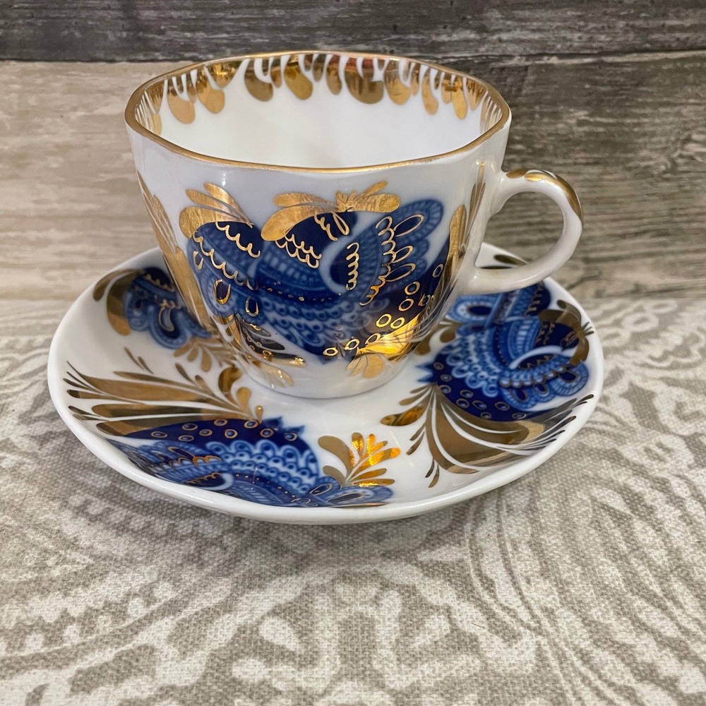 Vintage USSR Lomonosov Imperial  Porcelain Cup Saucer Golden Garden Bird